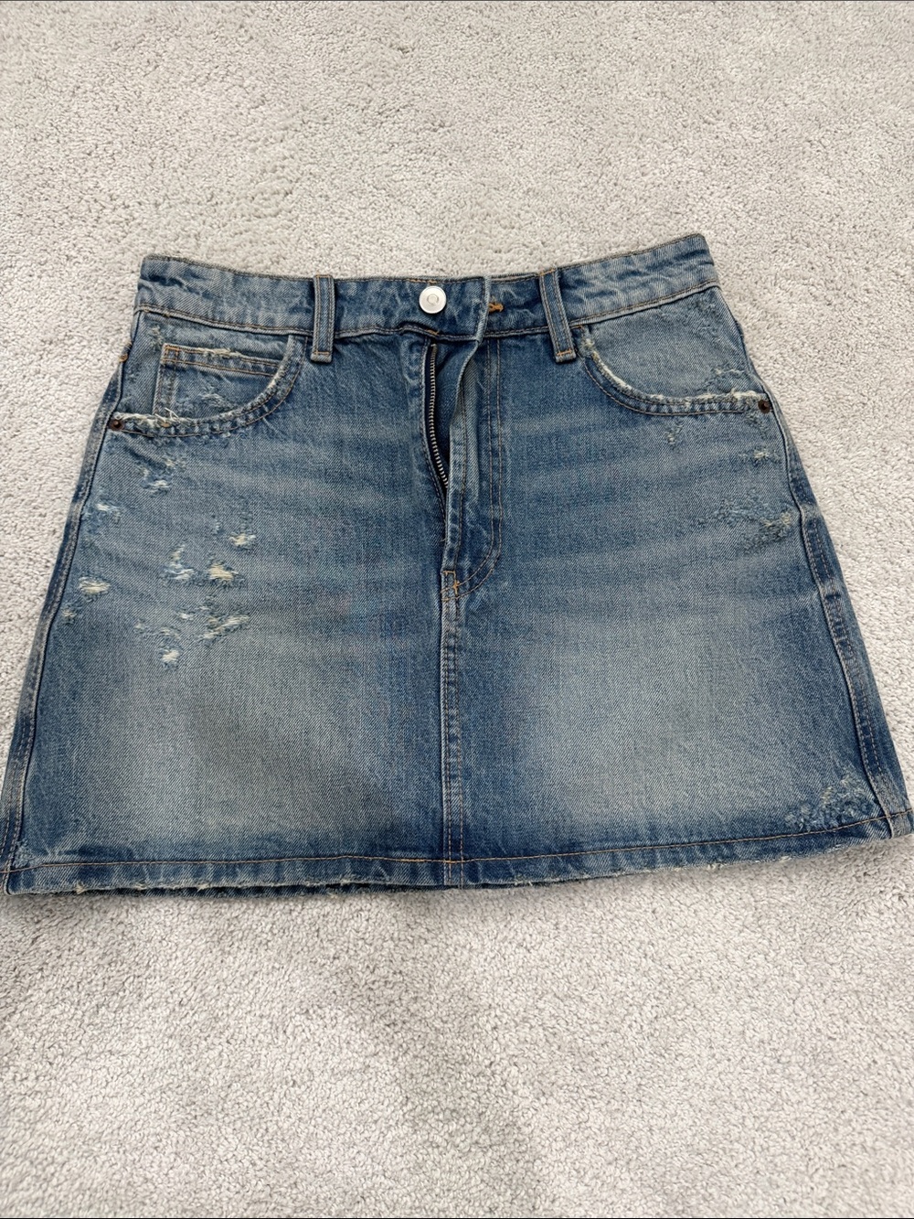 Zara Faded Blue Distressed Denim Mini Skirt